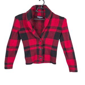 Womens American Living Red & Black Plaid Button Front Cardigan Sweater Cotton S